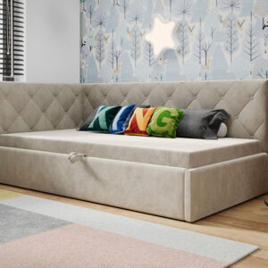 детско ъглово тапицирано легло с матрак и ракла elza