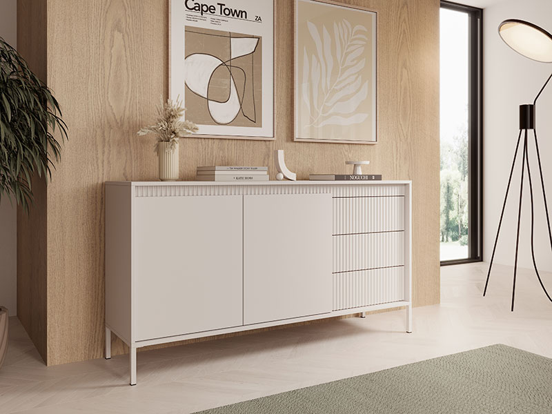 малък скрин с две врати и чекмеджета черно - бежово senso b las