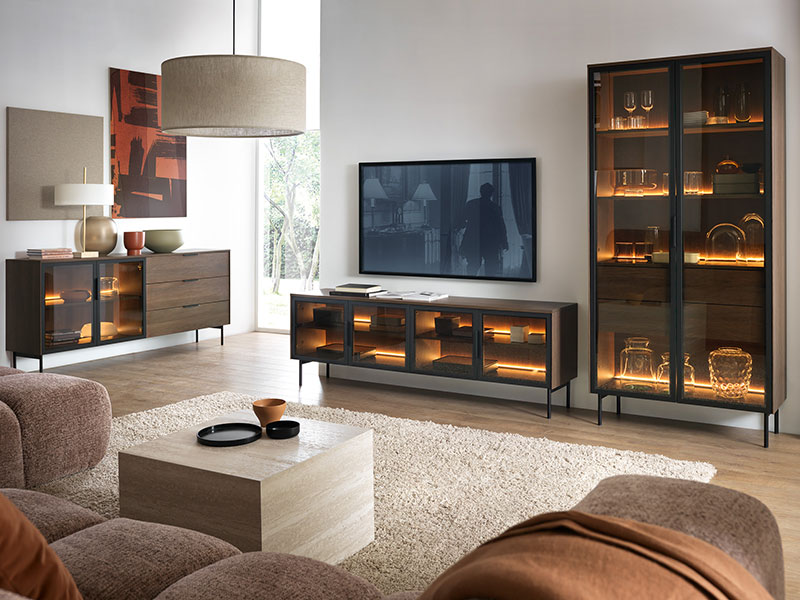 композиция от шкафове за хол с LED осветление в цвят орех