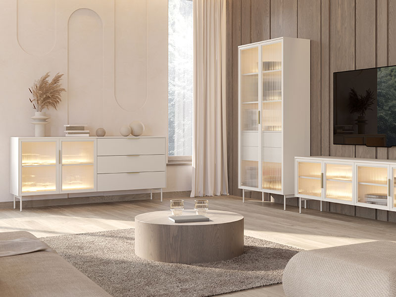 композиция от шкафове за хол с LED осветление в цвят кашмир