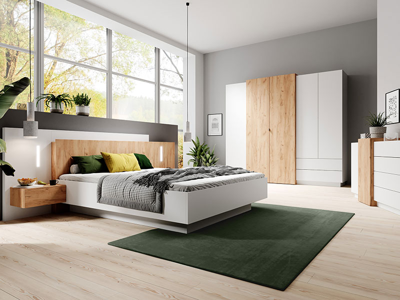 модерен спален комплект в цветове бяло и златен дъб